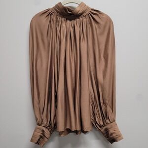 H&M Bronze Brown Mock Neck Balloon Sleeve Pleated Cuff Blouse Top Medium